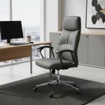 ألفا كرسي مكتب جلد رمادي بمسند ظهر عالي وودي